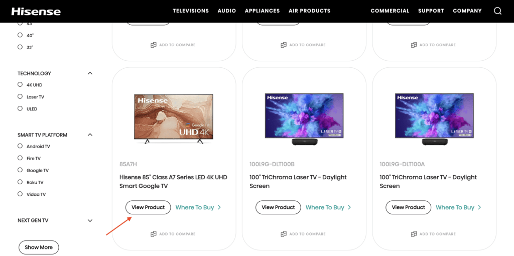 Photo of the Hisense website showing all their TV models