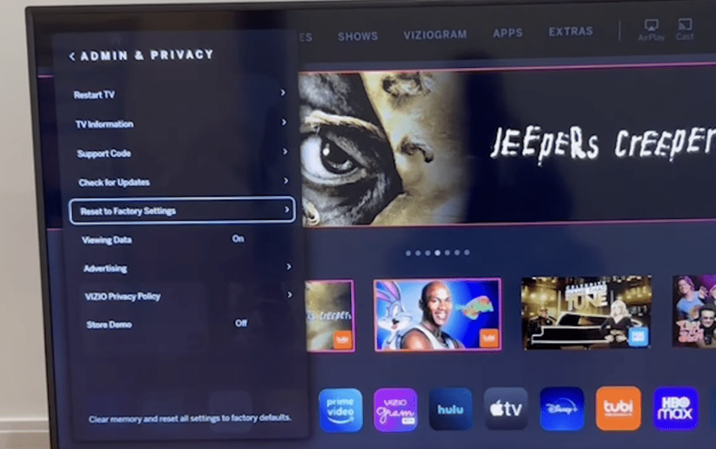 Photo of Reset to Factory Settings option in the Admin & Privacy Settings of a Vizio TV