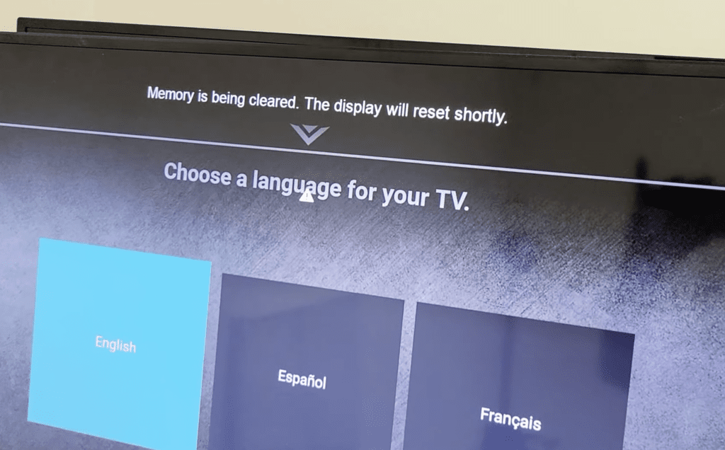 Photo of final Vizio TV screen prompt before it automatically restarts to initialize a reset