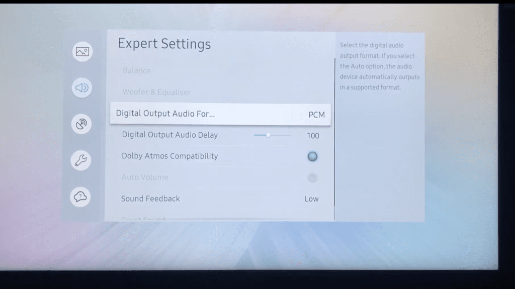 Photo of a Samsung TV with PCM selected as its Digital Output Audio Format