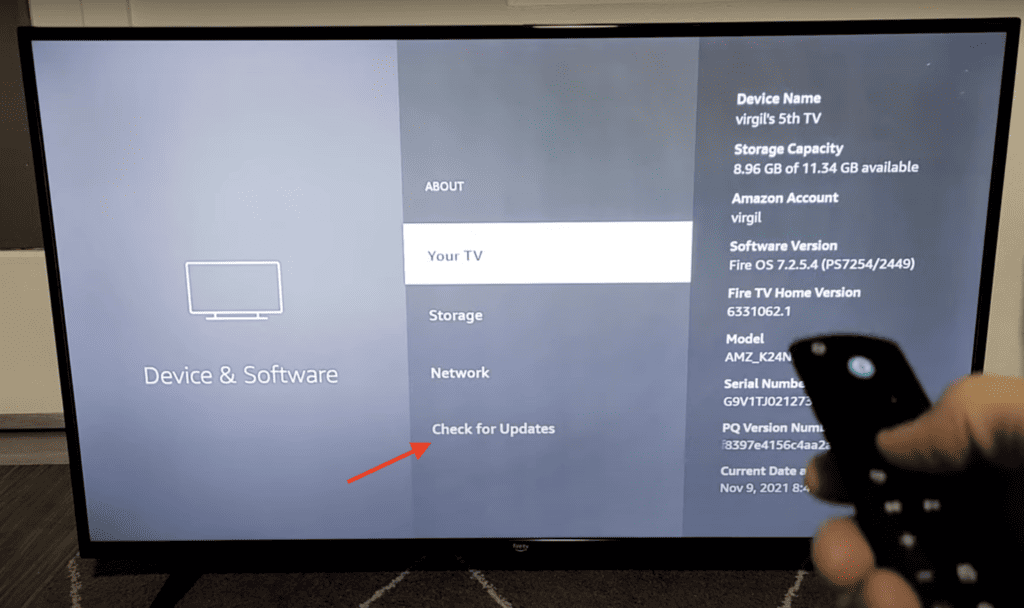 Photo of a person checking for a firmware update for the firestick