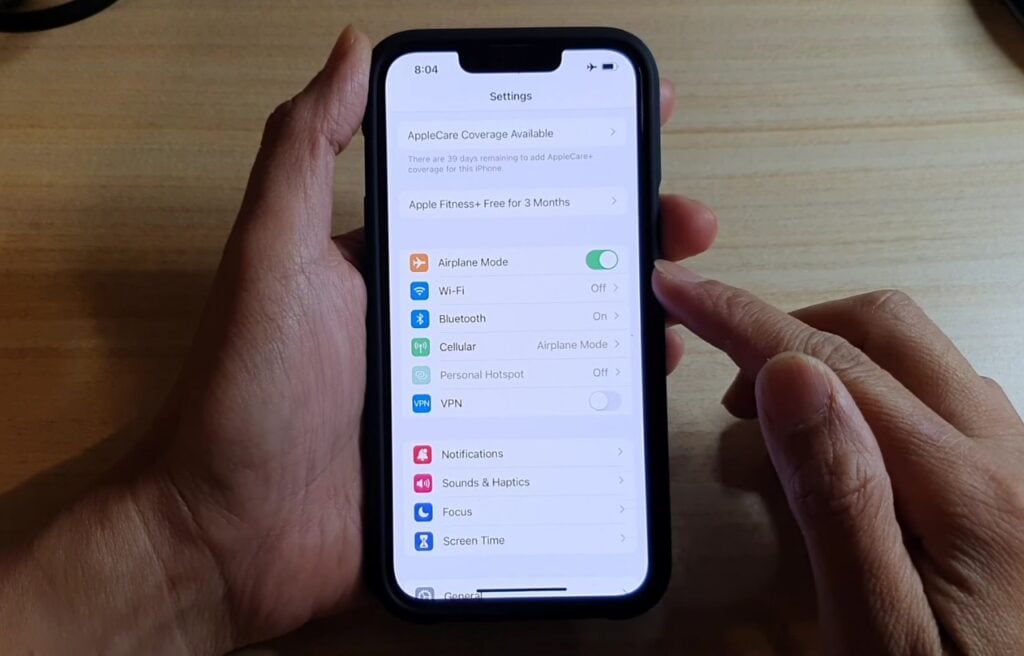 iPhone screen showing Settings 
