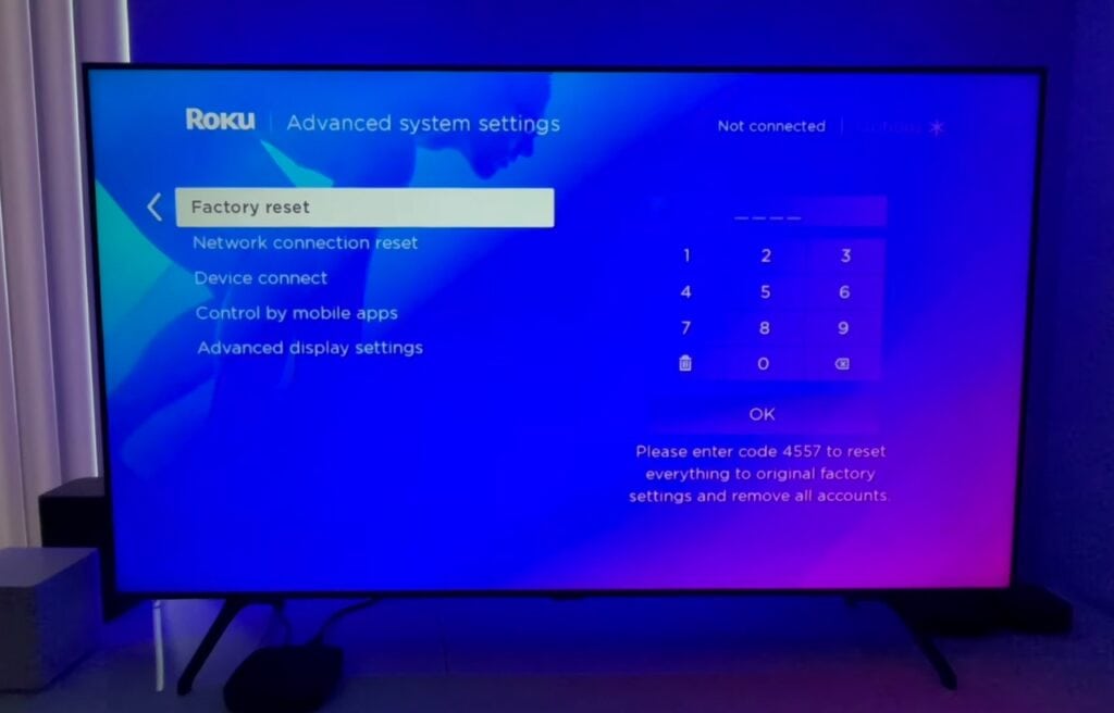 Roku Factory reset on a TV screen